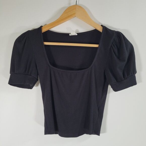 Garage Tops - GARAGE Black Ribbed Top Size XS Cropped Puff Sleeve Square Neck 90s Y2K